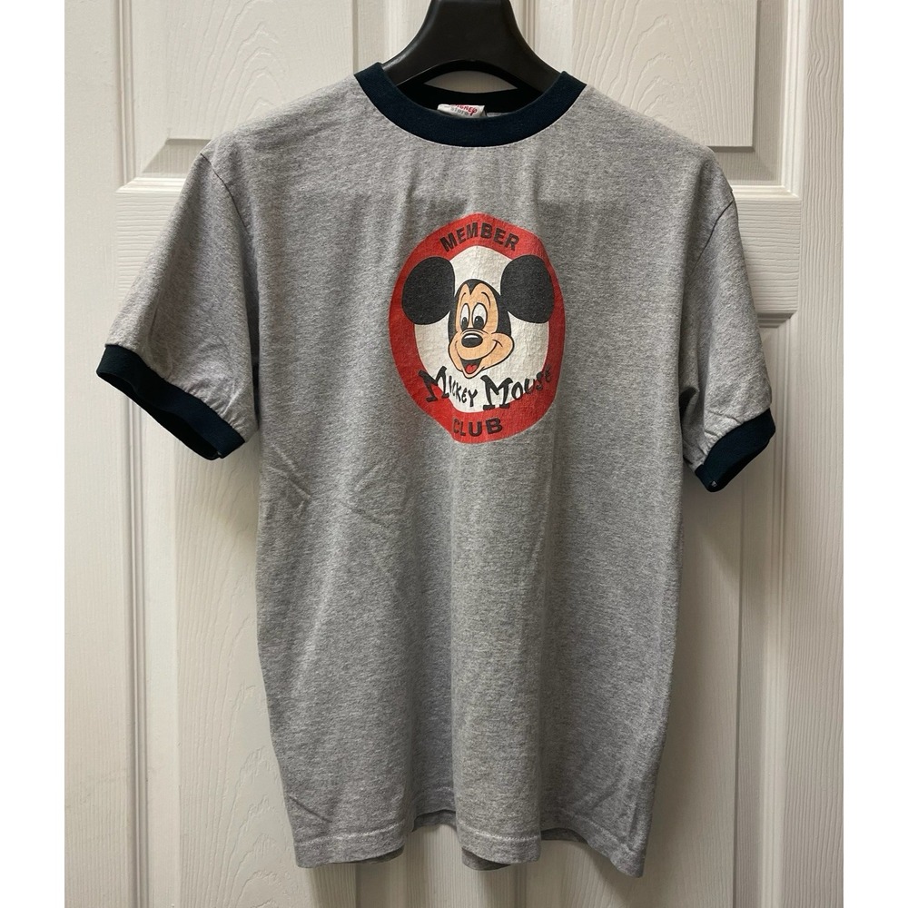 Vintage Disney Mickey Mouse Club Member Men's Medium Grey w/Black Ringer T-Shirt - Picture 2 of 9